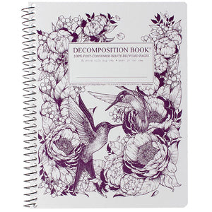Coilbound Decomposition Book with cover image of hummingbirds and flowers in purple on white.