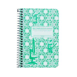 Pocket-sized coilbound Decomposition book with microscopes and a hexagonal design on the cover.