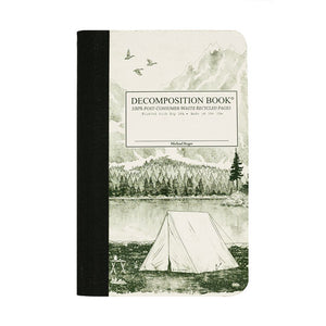 Pocket-sized tapebound Decomposition book with a tent on a mountain lake on cover.