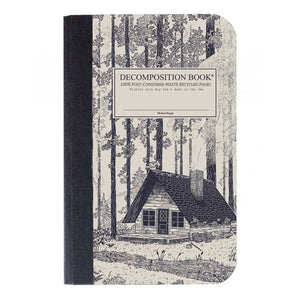 Pocket-sized tapebound Decomposition book with a log cabin on the cover.