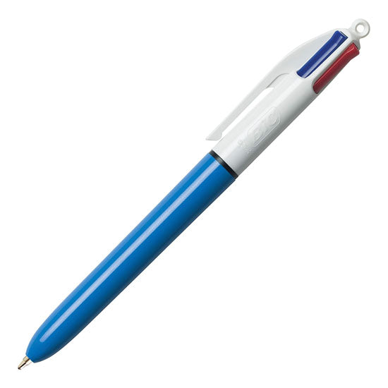 Retractable pen with blue barrel and white clip.