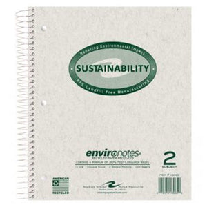 2 subject notebook with grey kraft cover and green cover imprint.