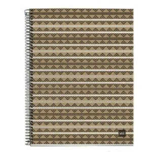 Spiral Notebook with cardboard cover printed with a design of black and white stripes across black diamond shapes.