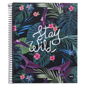 Spiral notebook with jungle foliage print and words STAY WILD in white cursive text.