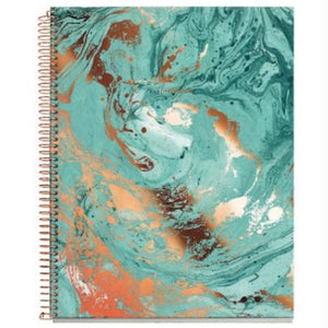 Spiral notebook with green and gold marble cover.
