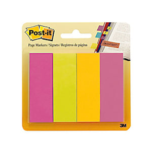 Post-it page markers in pink, yellow, orange, and lilac.