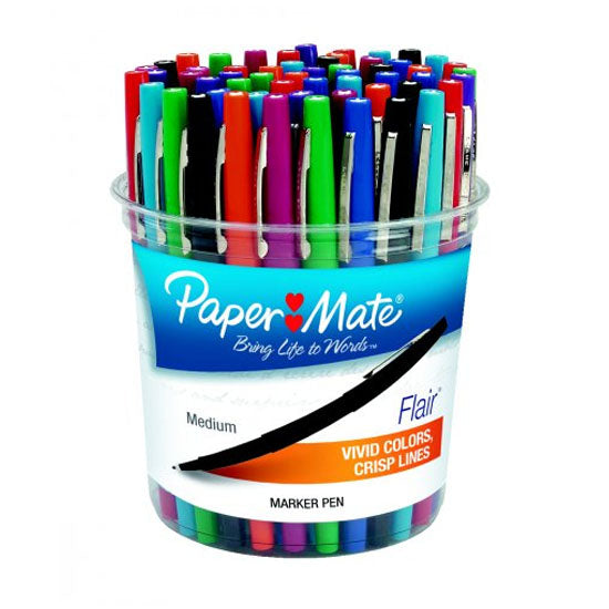 Bucket of Flair pens.