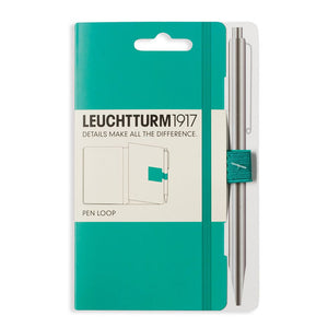 Elastic pen loop and packaging in emerald blue-green