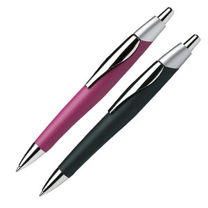 Two retractable pens with chrome details. One has a boysenberry purple barrel, one has a black barrel.