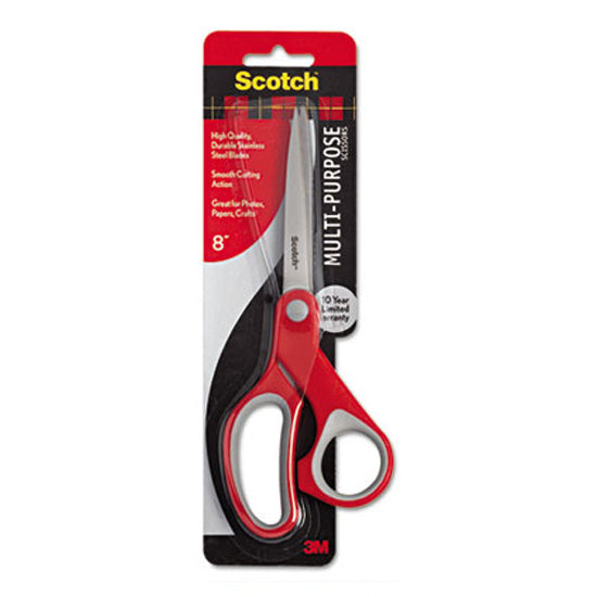 Scissors with red handles.