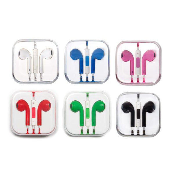 Six colors of Smash EarBuds: white, blue, pink, red, green, and black.