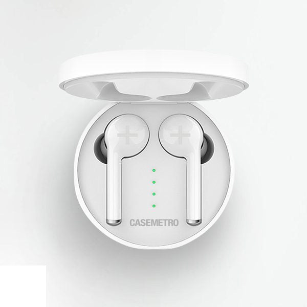 White wireless earbuds in case.