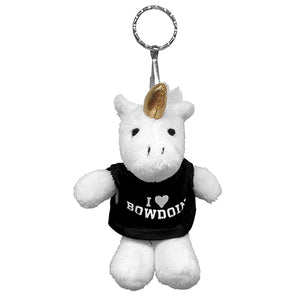 Plush white unicorn key tag with black t-shirt with white I Heart Bowdoin imprint.