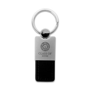 Metal key ring with engraved cap and black leather tab. Engraving is Bowdoin College seal over CLASS OF 2022
