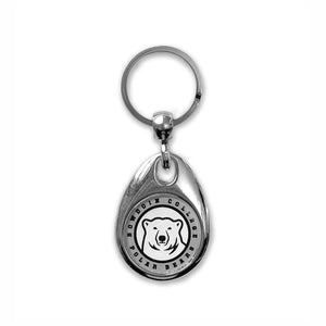 Chrome teardrop-shaped metal key tag with cabochon over Bowdoin center ice medallion.