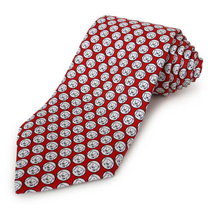 Red tie with all-over mascot medallion print.