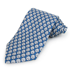 Royal blue tie with all-over mascot medallion print.