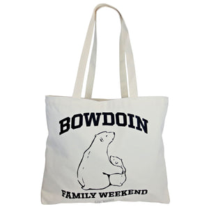 Natural tote bag with black imprint of BOWDOIN arched over a drawing of a polar bear and cub over FAMILY WEEKEND.