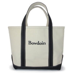 L.L.Bean classic natural canvas tote bag with black bottom and handles. The Bowdoin wordmark is embroidered in black on the front.