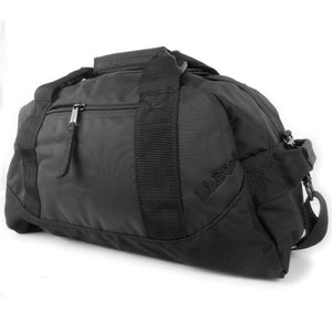 Back view of black duffle bag showing zipper pocket and black embroidered L.L.Bean logo.