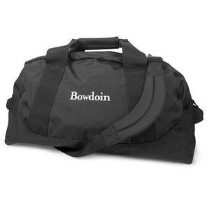 Black duffle bag with white Bowdoin wordmark embroidery on front.
