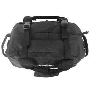 Top view of black duffle bag showing black plastic clasps and zippered top pocket.