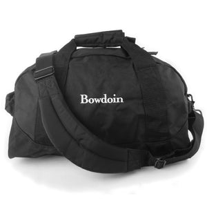 Small size black dufflebag with white Bowdoin wordmark embroidery on front.