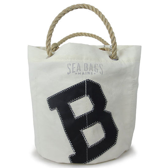 Sailcloth bucket bag with rope handles and black Bowdoin B applique.