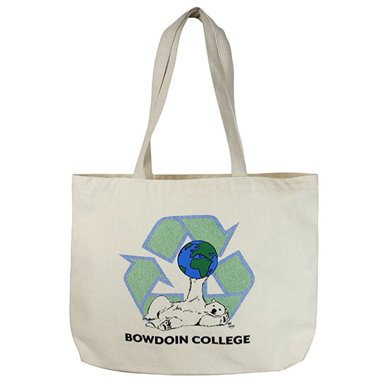 Natural canvas tote with illustration of polar bear holding up globe, posed in front of a recycling symbol, above words BOWDOIN COLLEGE.