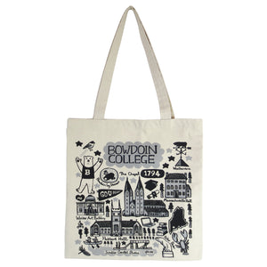 Natural tote bags with whimsical illustrations in black and grey of a chickadee, BOWDOIN COLLEGE, the Bowdoin chapel, the Bowdoin log dessert, the Schiller Coastal Studies Center, the Walker Art Building, the Hyde Plaza polar bear statue, and Massachusetts Hall.