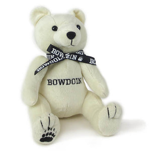 Ivory plush bear with black ribbon around its neck.