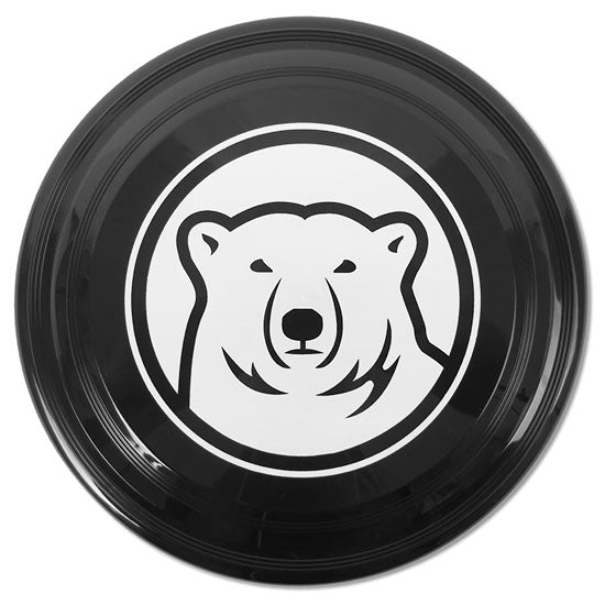 Black flying disc with white mascot medallion imprint.