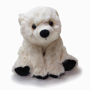 Ivory plush bear in sitting position with brown eyes, black nose and paws.