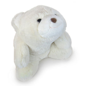 Stuffed white plush polar bear in a sitting position.