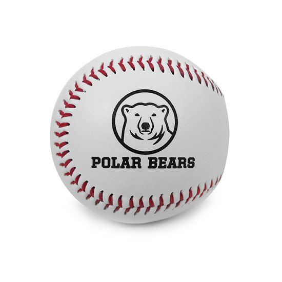 White baseball with red stitching and black imprint of mascot medallion over POLAR BEARS.