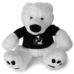 White plush bear with black T-shirt with Bowdoin spirit bear imprint on chest.