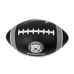 Black plastic inflated toy football with white and grey stripes at either end, white "stitching" on top, and imprinted on one side with mascot medallion over BOWDOIN and on the reverse with a Nike Swoosh.
