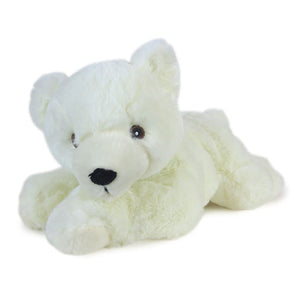 Plush polar bear toy lying on its stomach with its head raised.