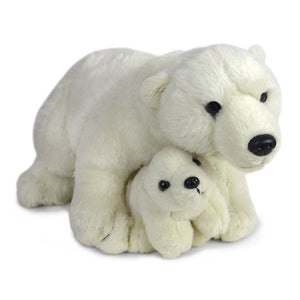 Plush polar bear with a smaller plush polar bear cub between its front paws.