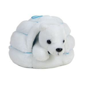 White plush igloo with blue stitch detail and hanging loop. Inside is a small white plush polar bear toy.