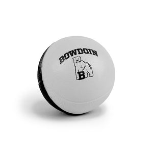 Foam basketball in half white, half black. On white side is imprinted in black BOWDOIN arched over polar bear mascot.