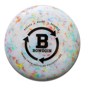 Multicolored Frisbee with round imprint of arrows surrounding the letter B over Bowdoin. Outside is text reading Reduce-Reuse-Recycle, Made from recycled polyethylene,