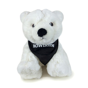 White plush polar bear with black Bowdoin bandana