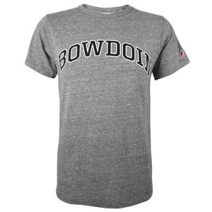 Heathered dark gray short-sleeved T-shirt with arched BOWDOIN in black with white stroke outline on chest. Small red and white League logo patch on left sleeve.