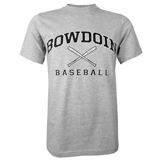 Heather gray short sleeved T-shirt with BOWDOIN arched over crossed baseball bats with the word BASEBALL underneath.