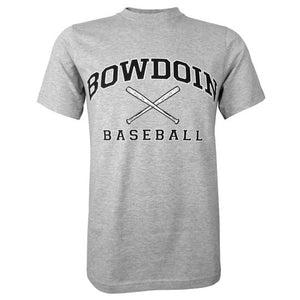 Heather gray short sleeved T-shirt with BOWDOIN arched over crossed baseball bats with the word BASEBALL underneath.