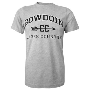 Heather gray short sleeved T-shirt with BOWDOIN arched over the letters CC pierced with an arrow and the words CROSS COUNTRY underneath.