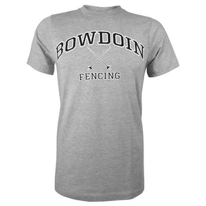 Heather gray short sleeved T-shirt with BOWDOIN arched over crossed fencing foils with the word FENCING underneath.