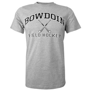 Heather gray short sleeved T-shirt with BOWDOIN arched over crossed field hockey sticks with the words FIELD HOCKEY underneath.