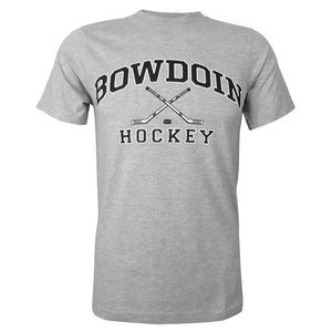 Heather gray short sleeved T-shirt with BOWDOIN arched over crossed hockey sticks with a hockey puck under the cross and the word HOCKEY underneath.